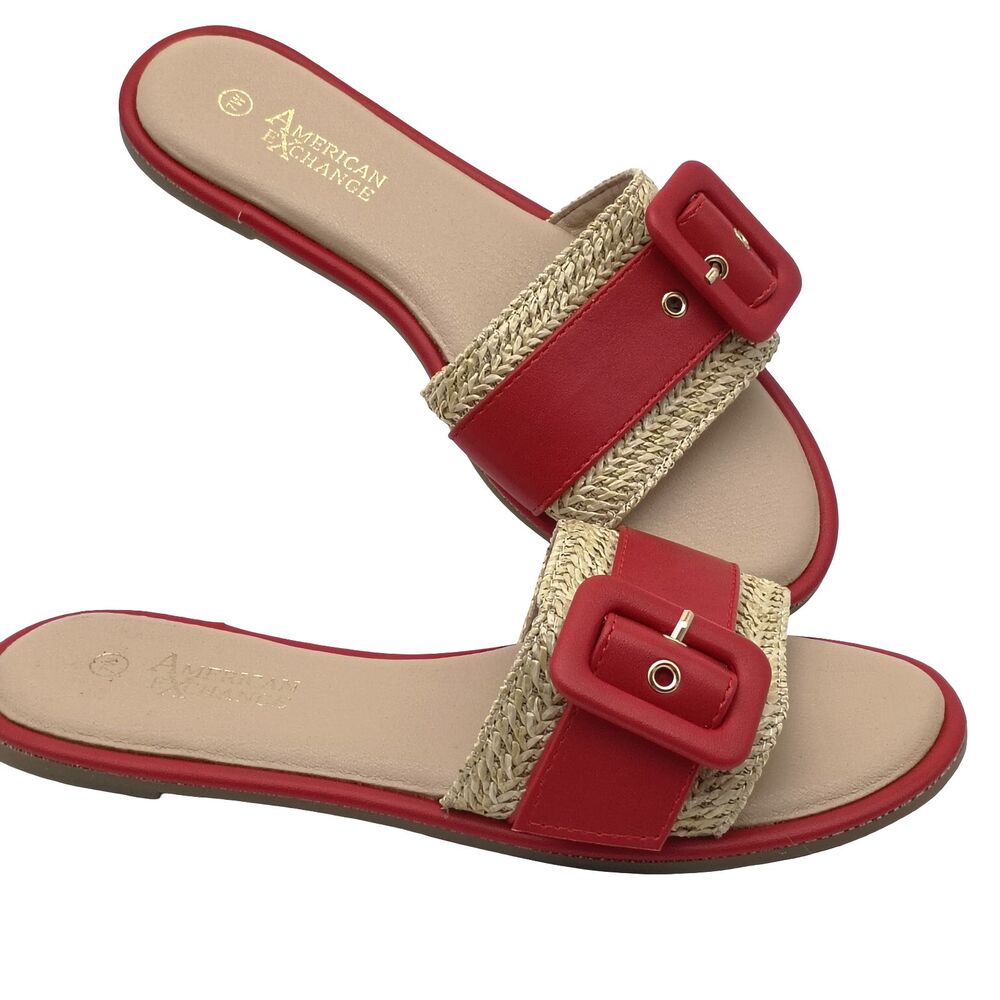 American Exchange Women's Slide Sandals 7 Wide Red Raffia Buckle Flat Slip On